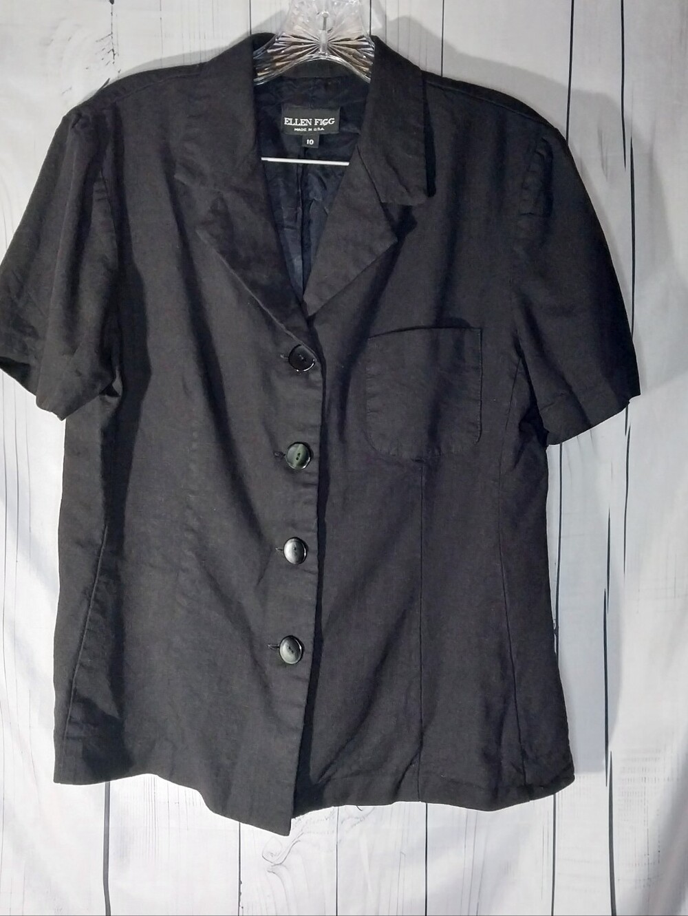 Ellen Figg Vintage Linen Blend Minimalist Short Sleeve Black Button Blazer Top